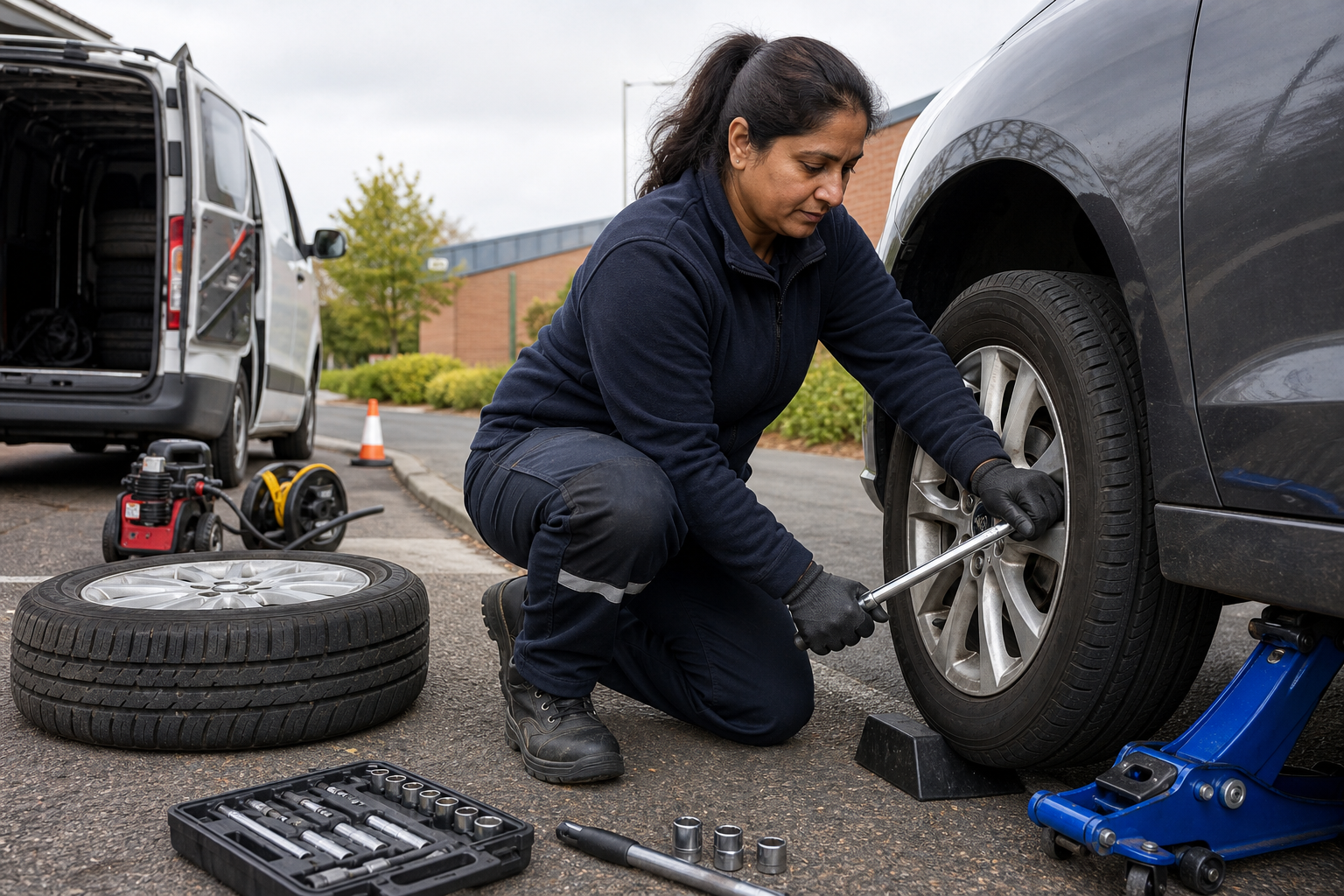A person changes a car tire using a wrench on the side of the road, with tools and a van in the background.