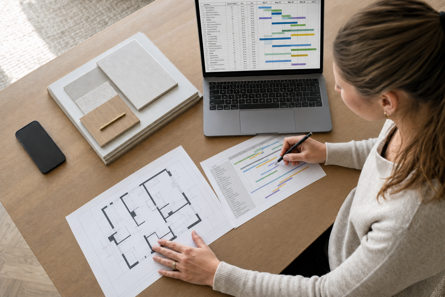 A woman works on architectural plans and a project timeline at a desk with a laptop, smartphone, and material samples.