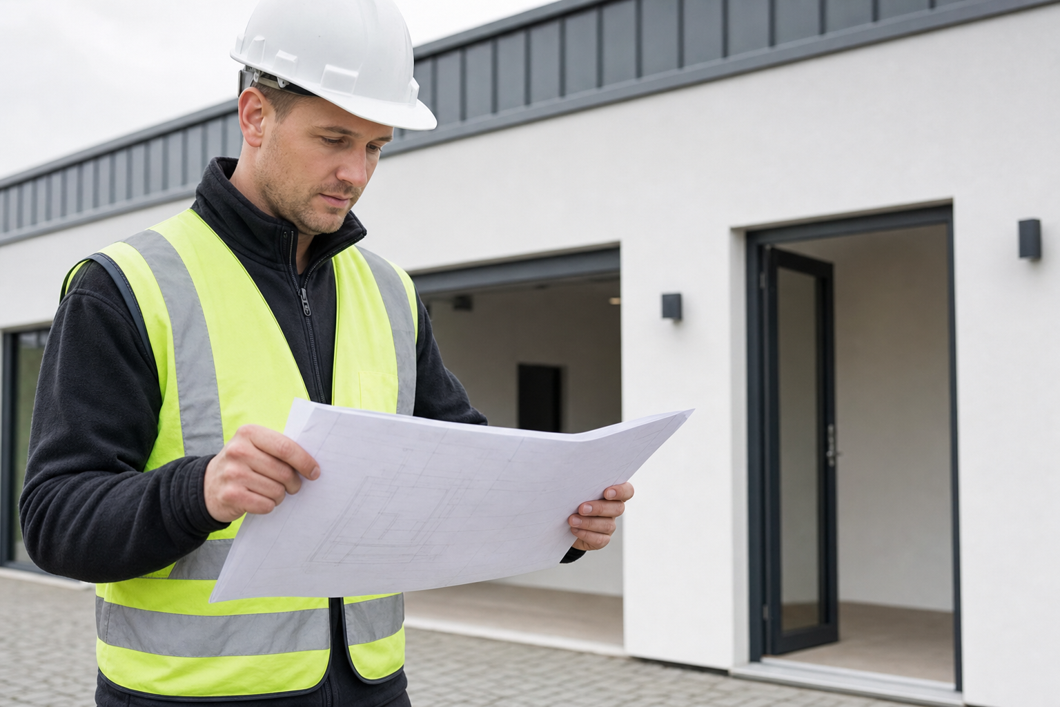 Construction worker in a hard hat and hi-vis vest examines blueprints outside a modern building.