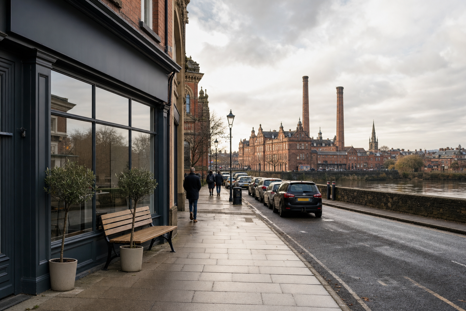 Paved street by a river with people walking, parked cars, and tall brick chimneys in the background on a cloudy day.