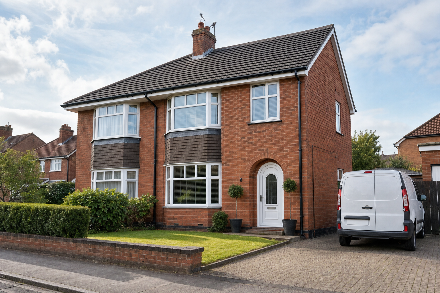 Two-storey red brick house with bay windows and a parked white van in the driveway.