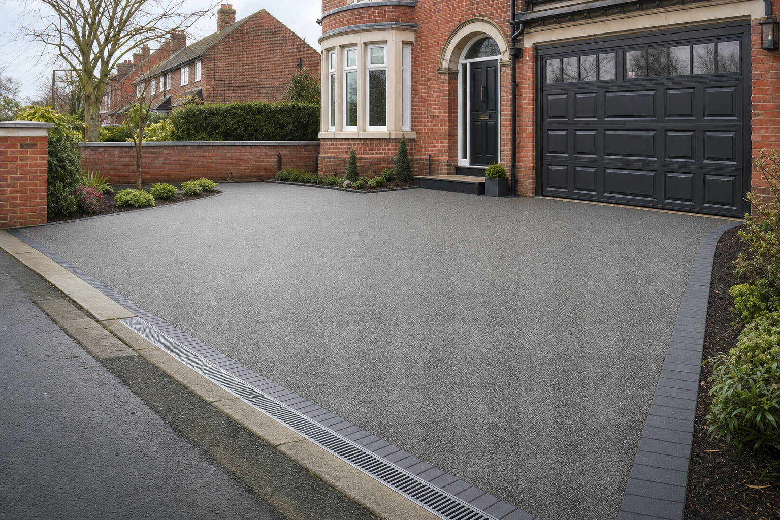 Modern brick house with a clean, spacious driveway and a black garage door, surrounded by tidy landscaping.