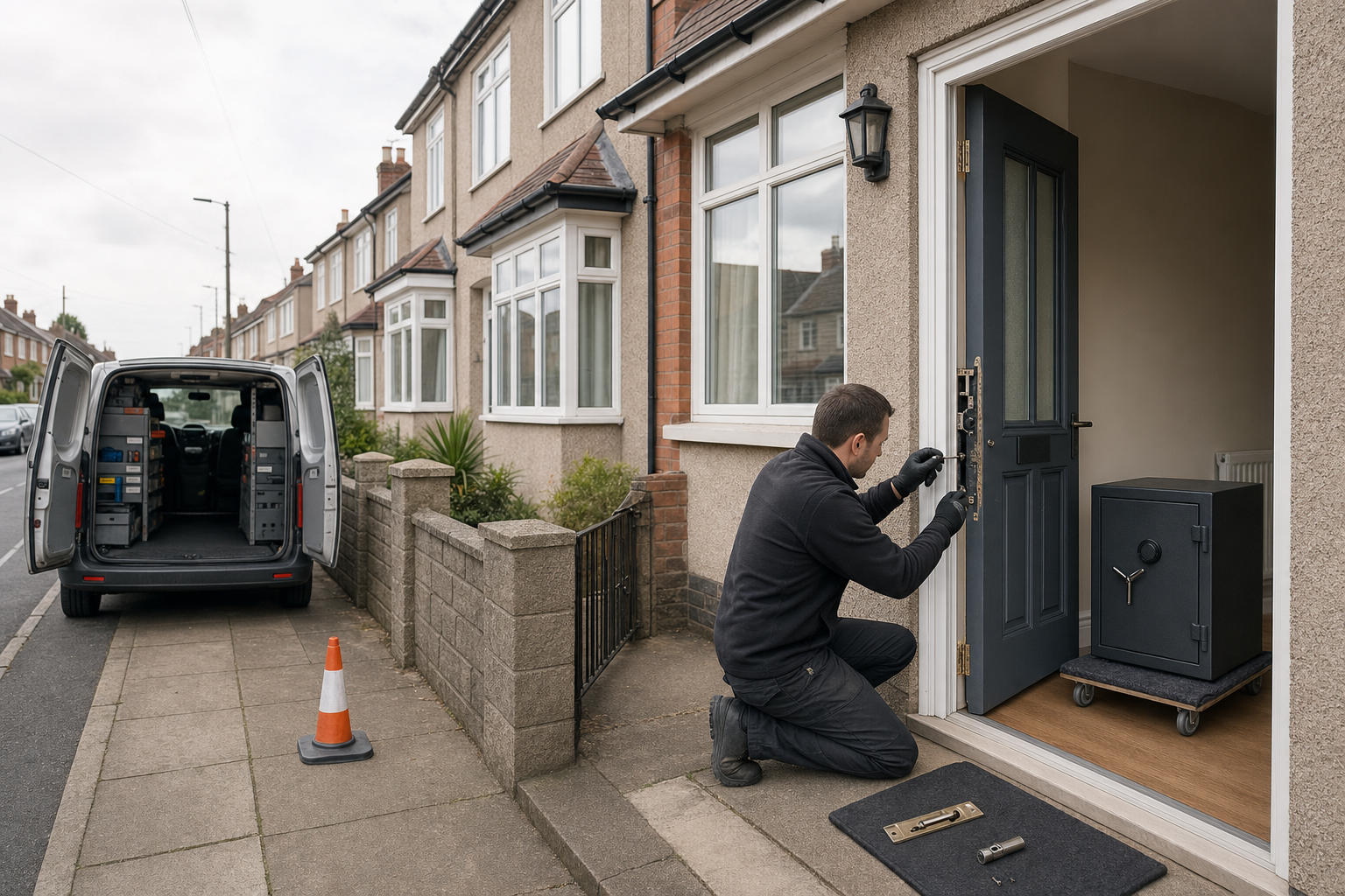 A locksmith installs a lock on a front door while a van with open doors is parked nearby on a residential street.