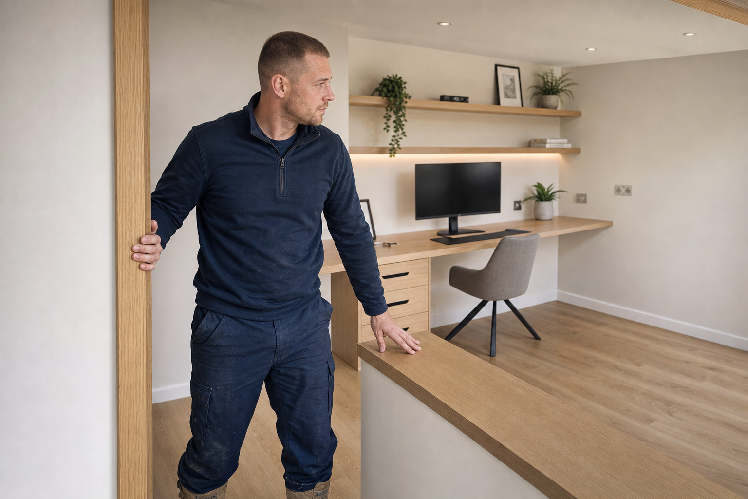 A man stands in a modern home office, leaning on a wooden ledge, with a computer and plants in the background.