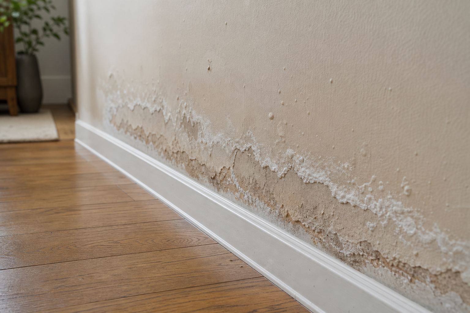 Wall with severe water damage and mould above wooden skirting board, next to hardwood floor.