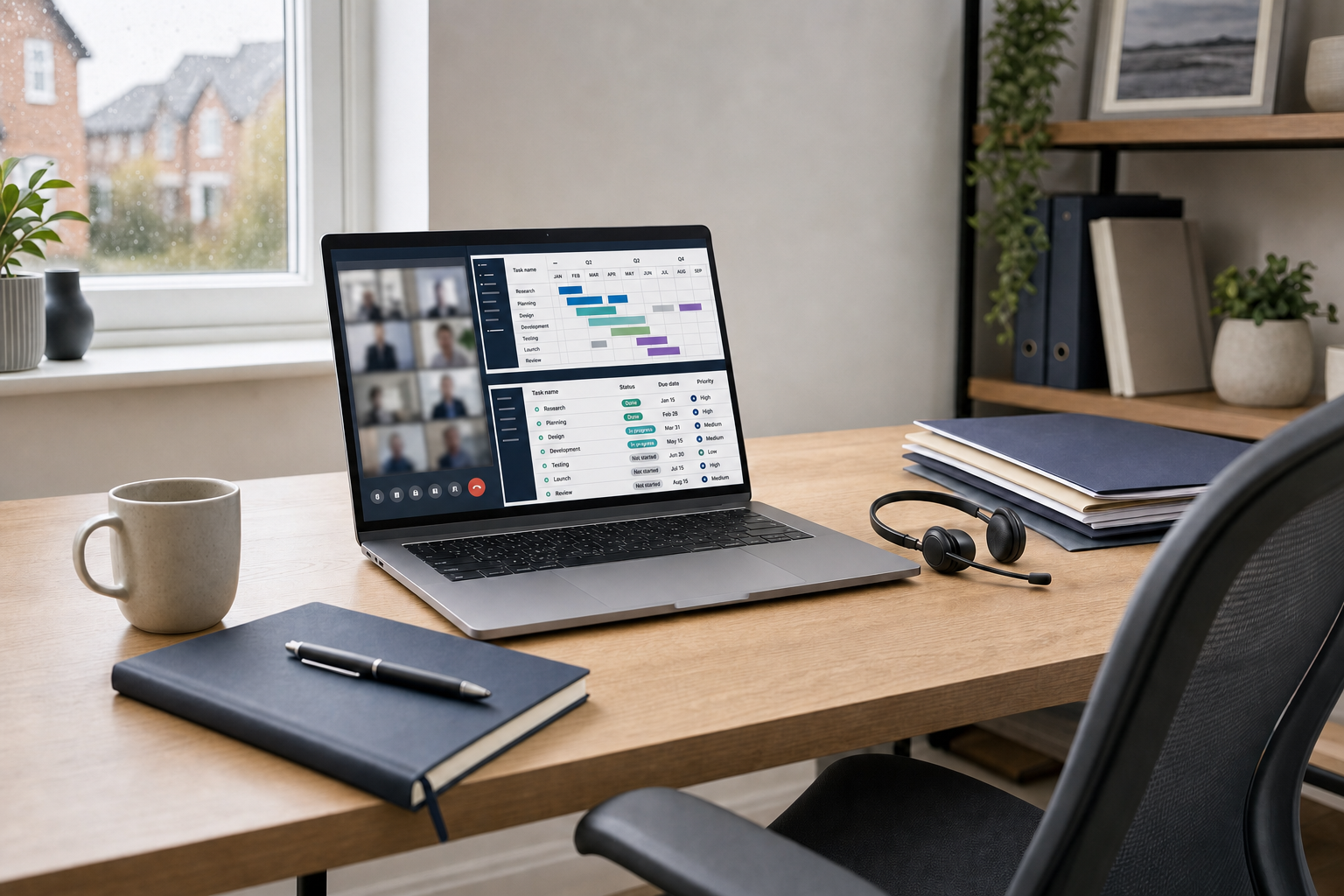 A laptop displaying a video conference and project timeline sits on a wooden desk with a mug, notebook, and headphones.