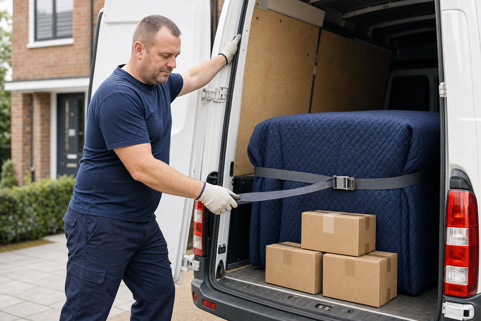 A man secures boxes and a covered item with a strap in the back of a delivery van in a residential area.