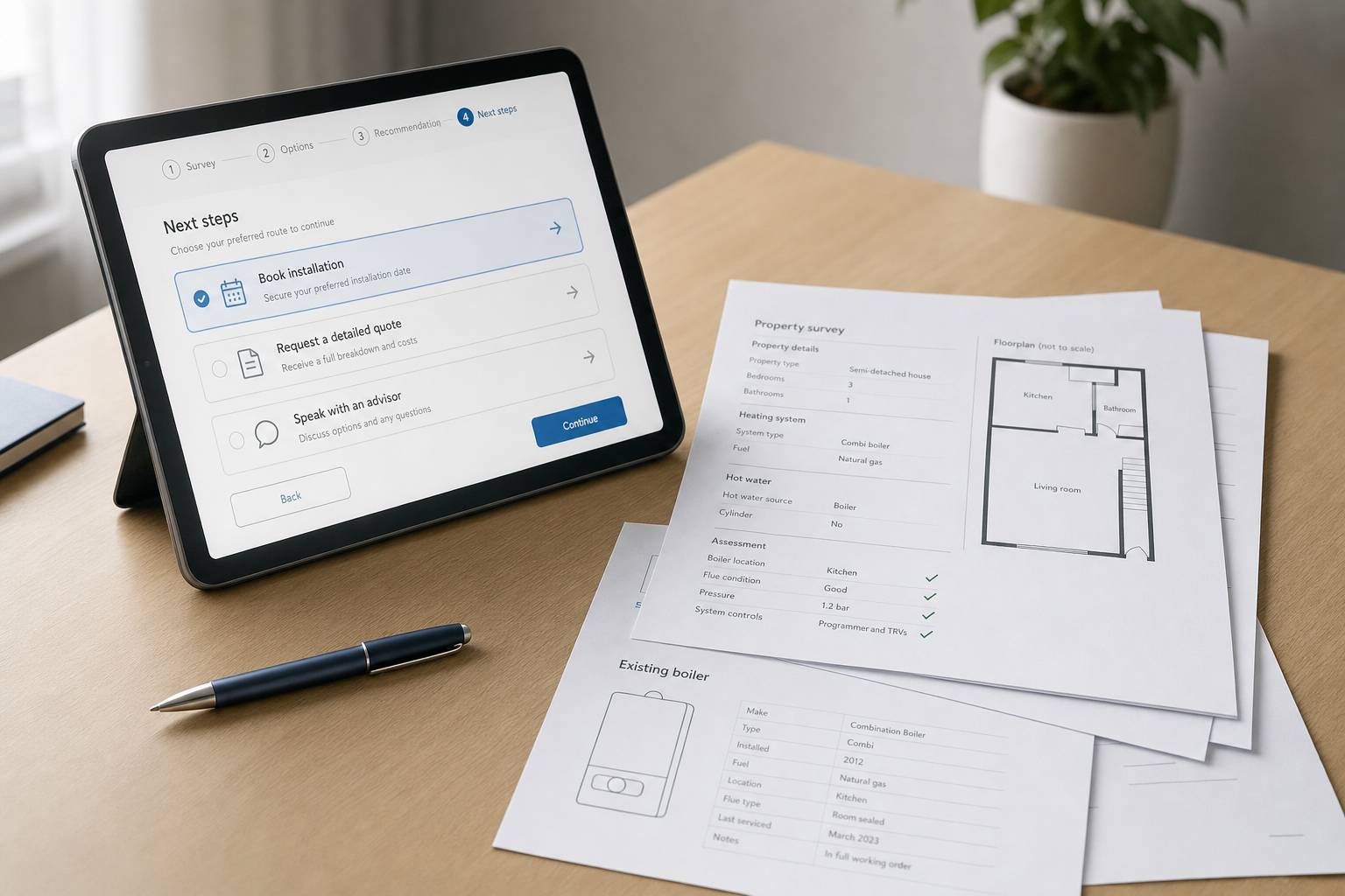 Tablet displaying installation booking steps next to property survey papers and a pen on a wooden desk.
