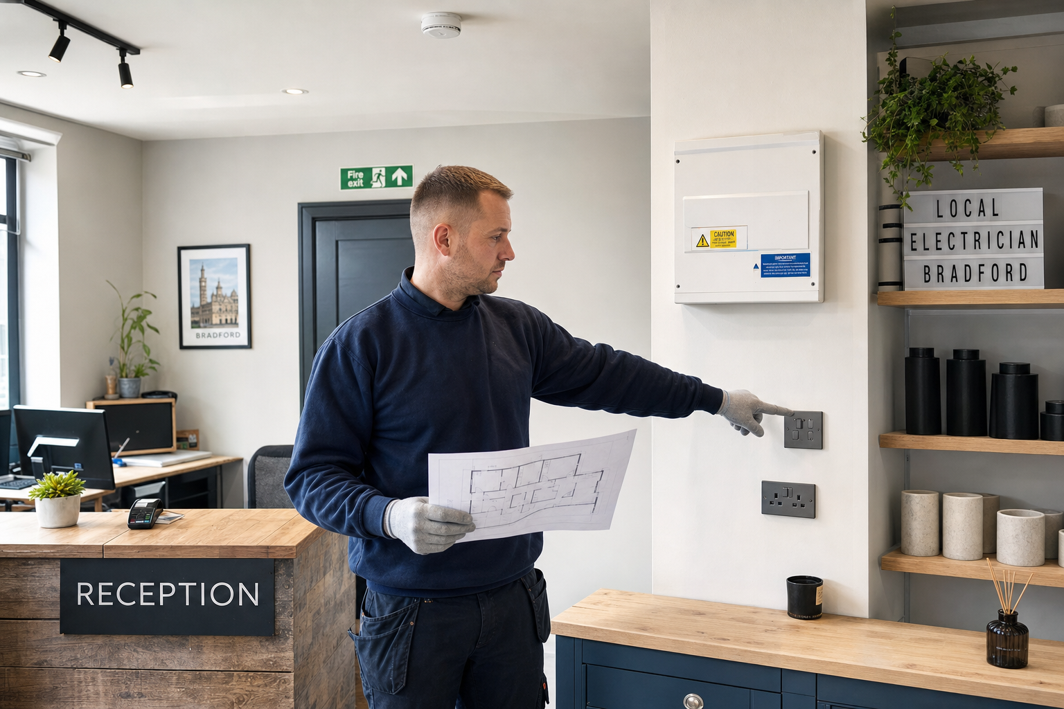 Electrician standing in a reception area, examining a wall electrical panel while holding floor plans.