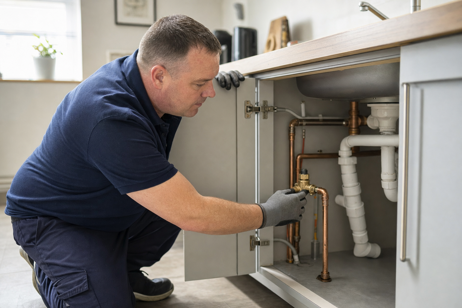 Plumber in navy attire inspecting pipes under a kitchen sink.