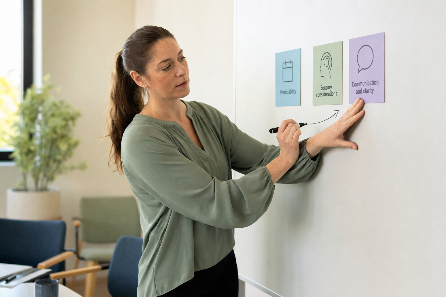 Woman pointing to notes on a whiteboard during a presentation in a bright office setting.