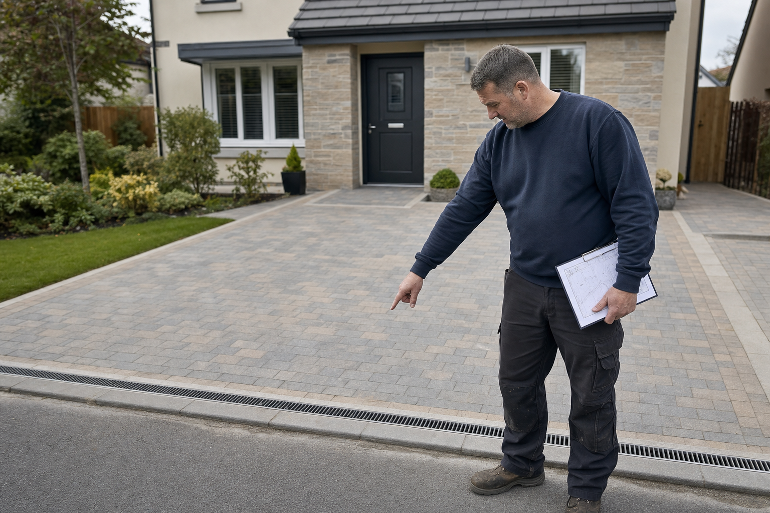 A man in work clothes points at the edge of a newly paved driveway in front of a house.