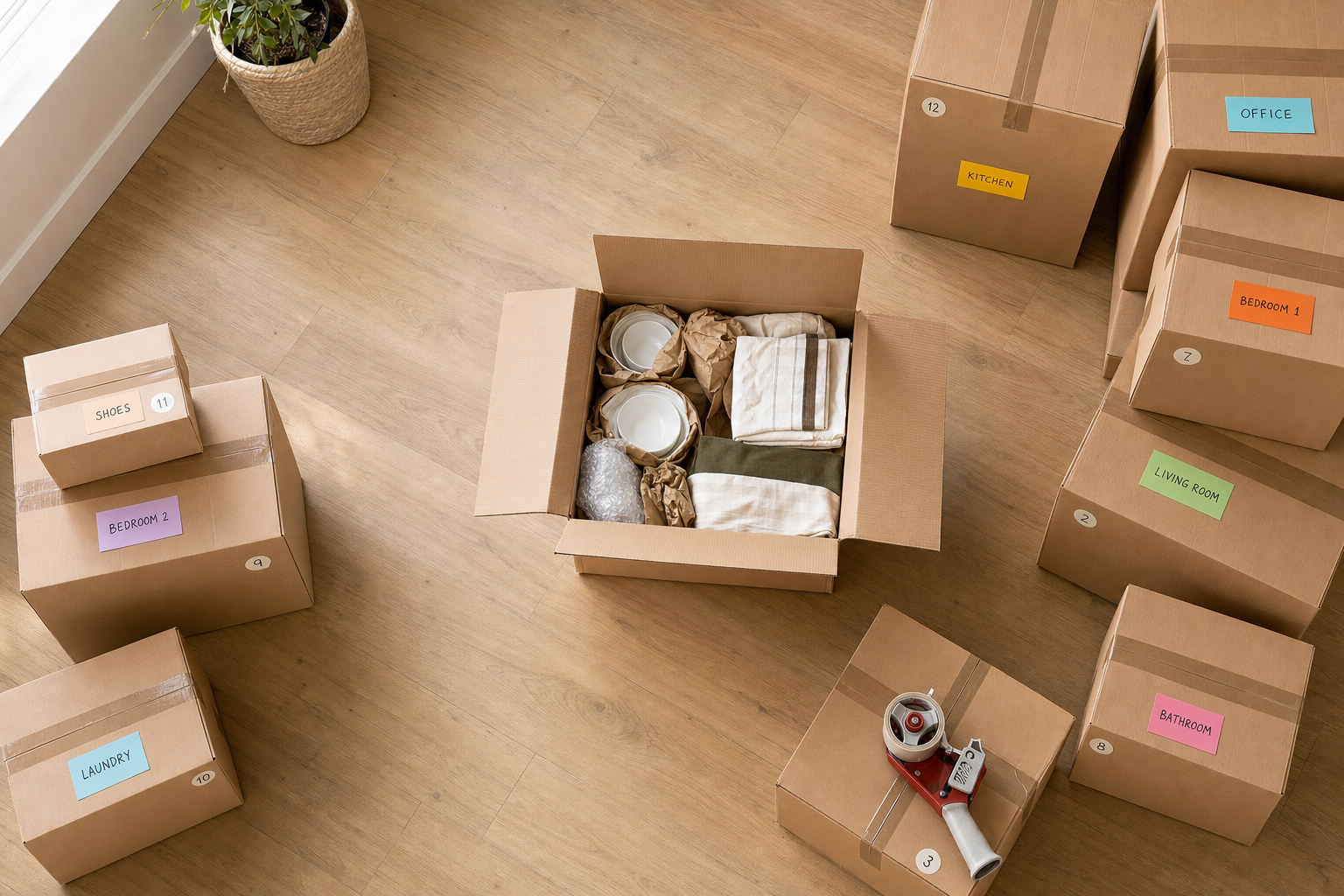 Open cardboard box with crockery and textiles surrounded by neatly labelled moving boxes on a wooden floor.