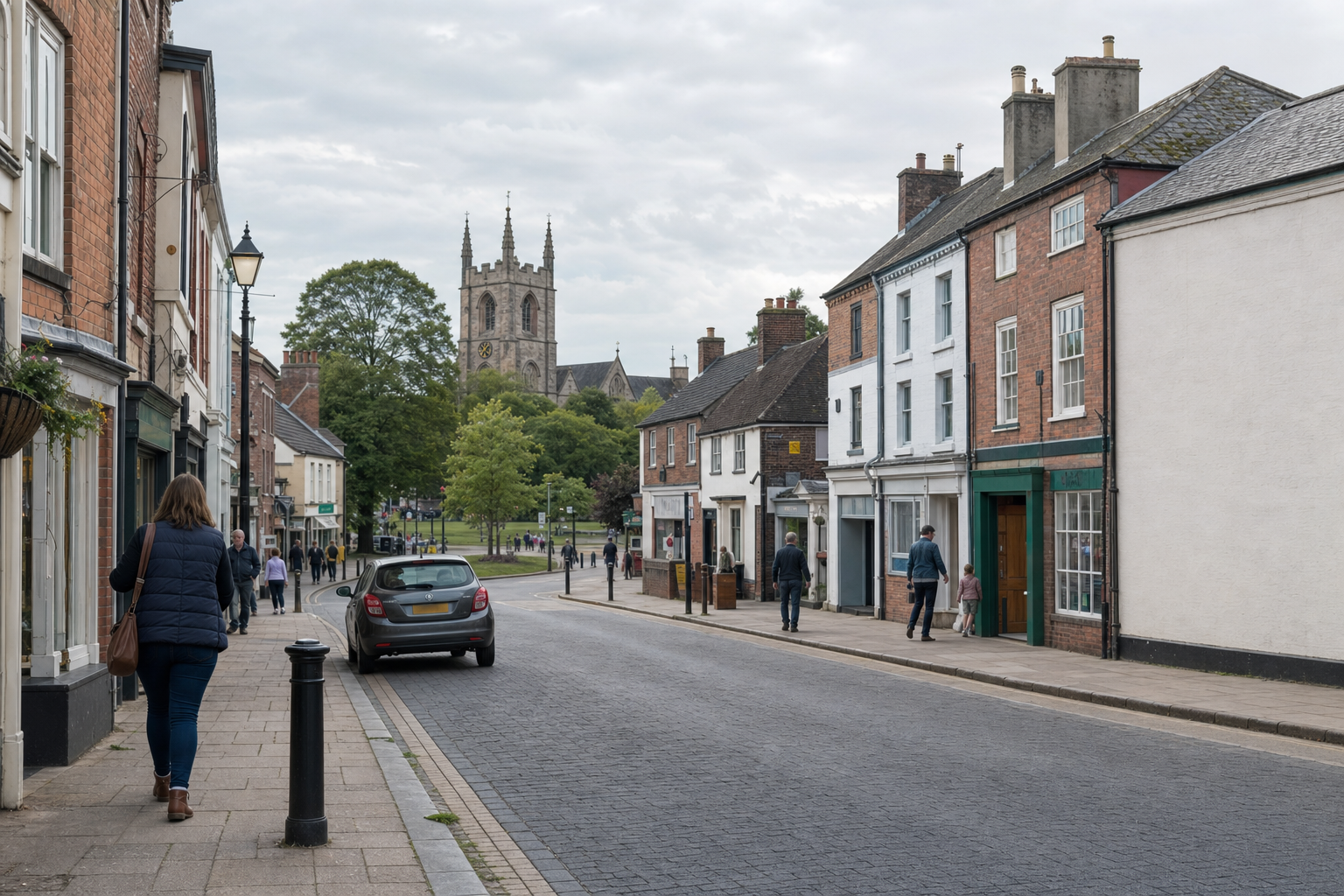 A quiet street lined with traditional buildings leads towards a historic church under a cloudy sky.