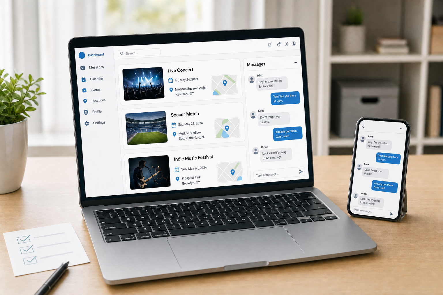 A laptop and smartphone display event details and a conversation in a home office setting.