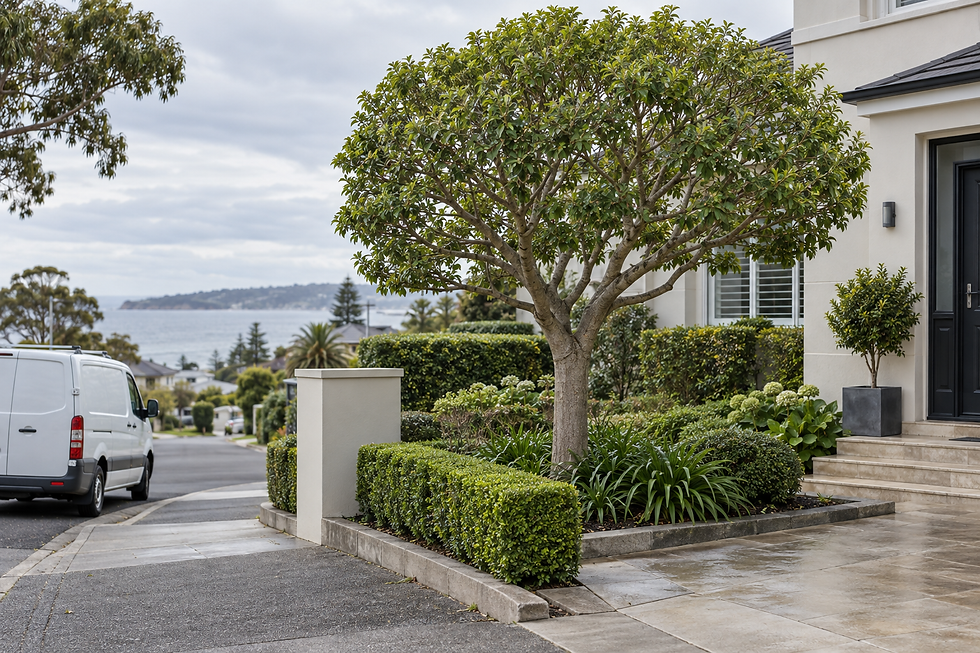 A neatly landscaped front garden with a tree and hedges overlooks a coastal street with a white van parked nearby.