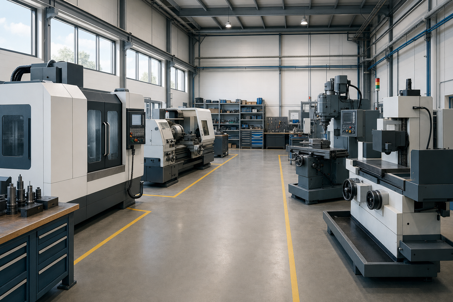 Modern machining workshop with advanced milling and turning machines arranged in a spacious, well-lit environment.