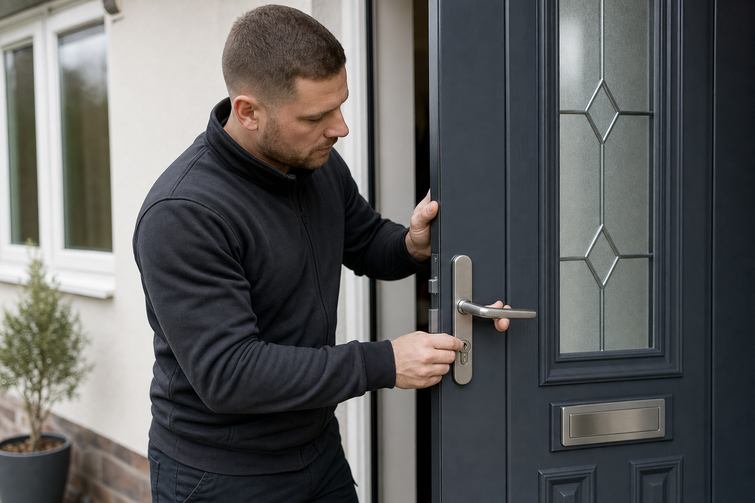 A man in a black jumper installs a lock on a navy door with a geometric glass panel design.