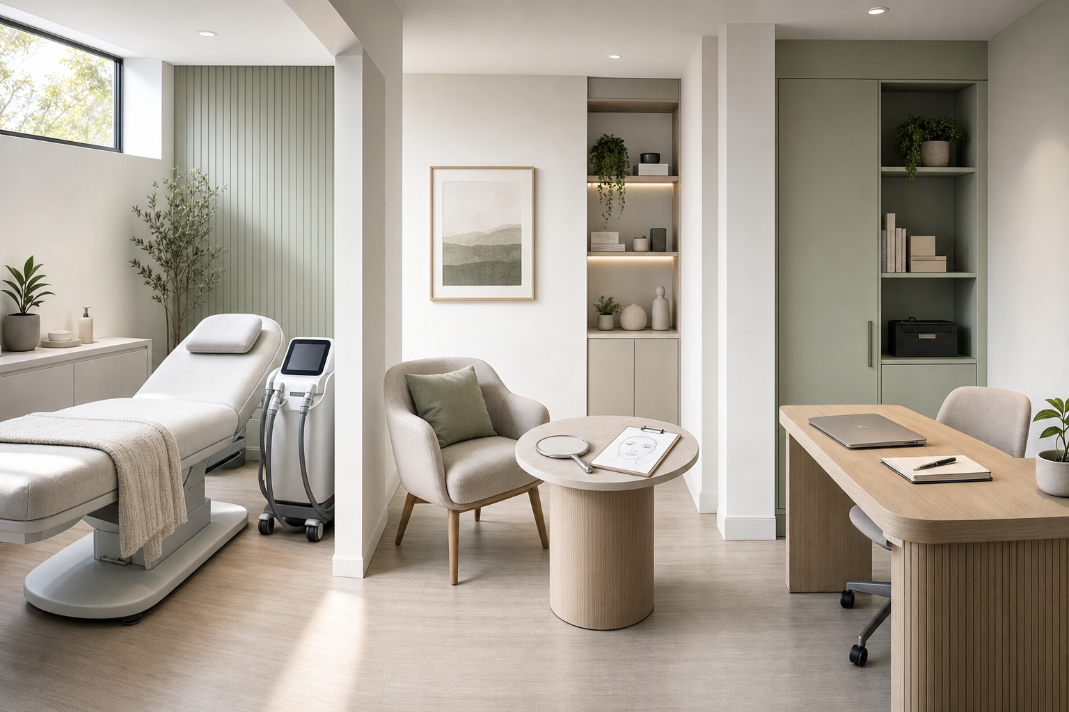Modern, minimalist clinic room with an examination bed, desk, and comfortable seating, decorated with plants and artwork.