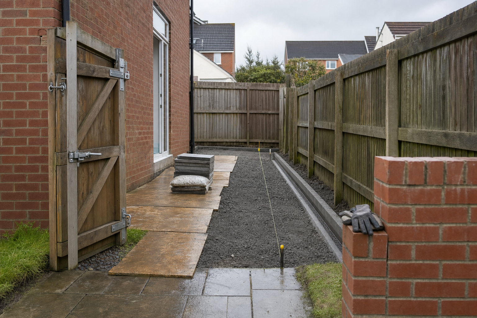 Newly prepared garden path with paving slabs and gravel along a wooden fence beside a brick house.