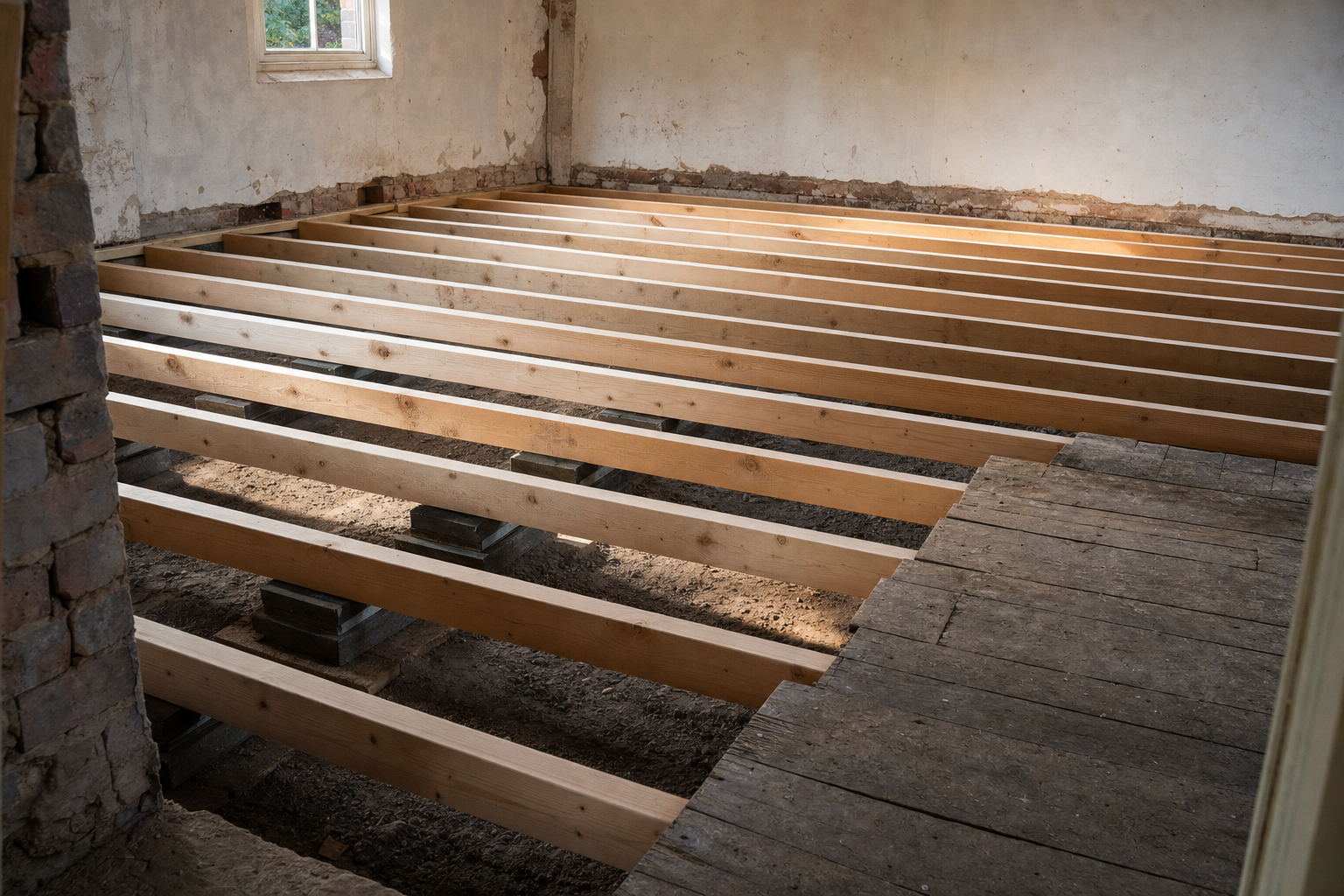 Exposed wooden joists in a partially renovated room with a window.