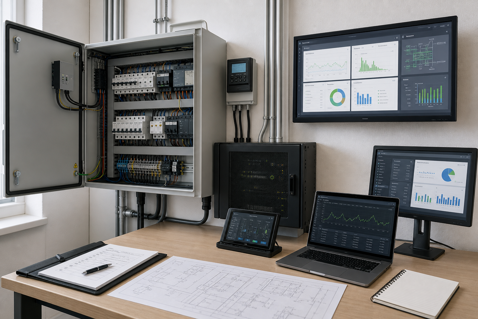 Modern control room with open electrical panel, charts on screens, and technical documents on a desk.