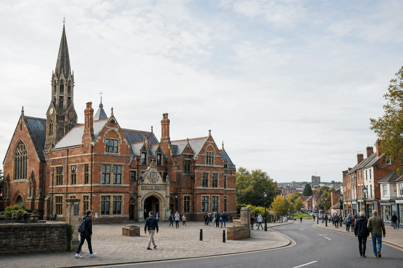 Historic brick building with a clock tower overlooks a busy street lined with pedestrians and trees.