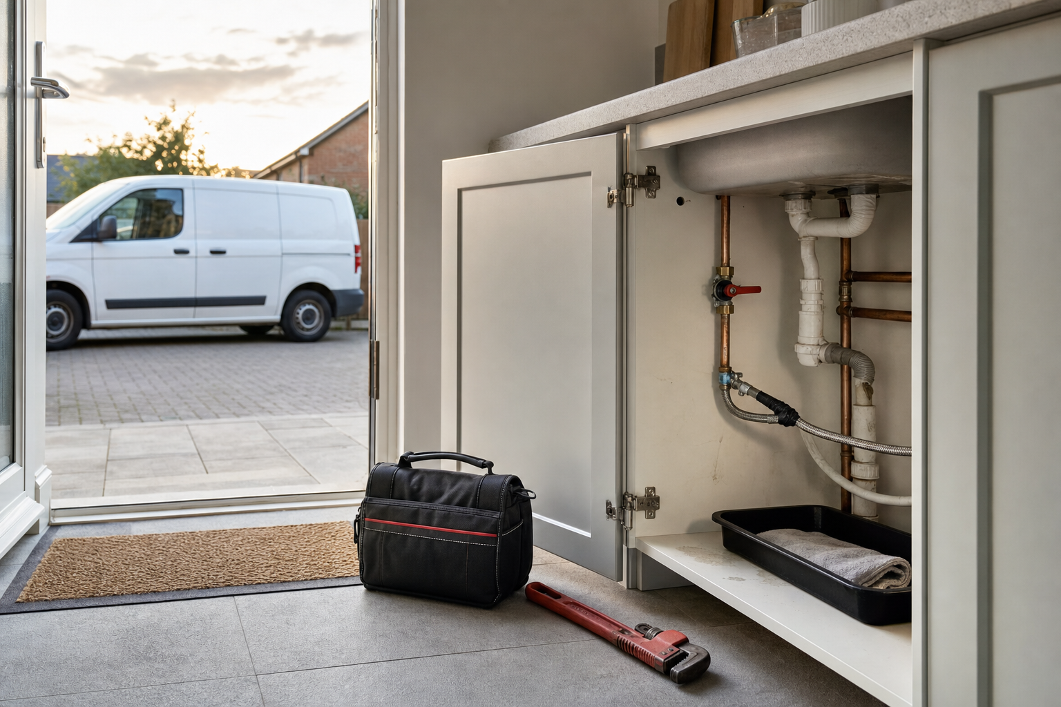 Open kitchen cupboard showing plumbing pipes, with a tool bag and adjustable spanner on the floor, and van visible outside.