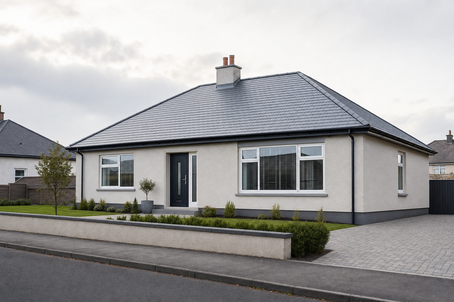 Modern single-storey house with grey slate roof and neatly landscaped front garden.