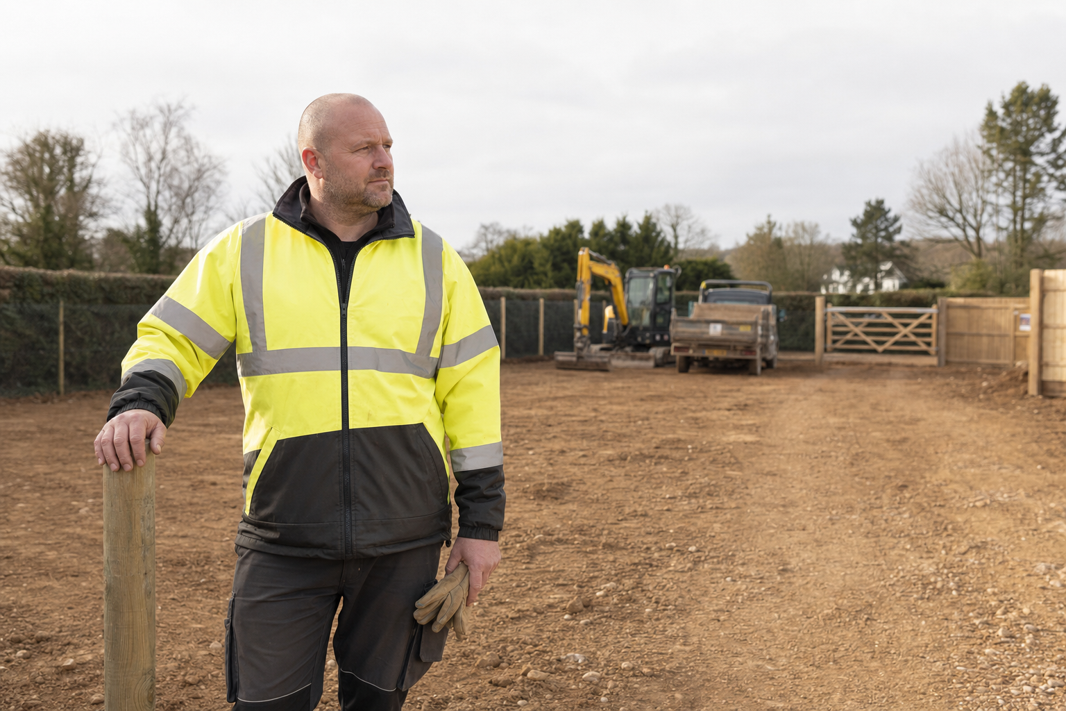 A man in a high-visibility jacket stands on a dirt construction site, with machinery and a wooden gate in the background.