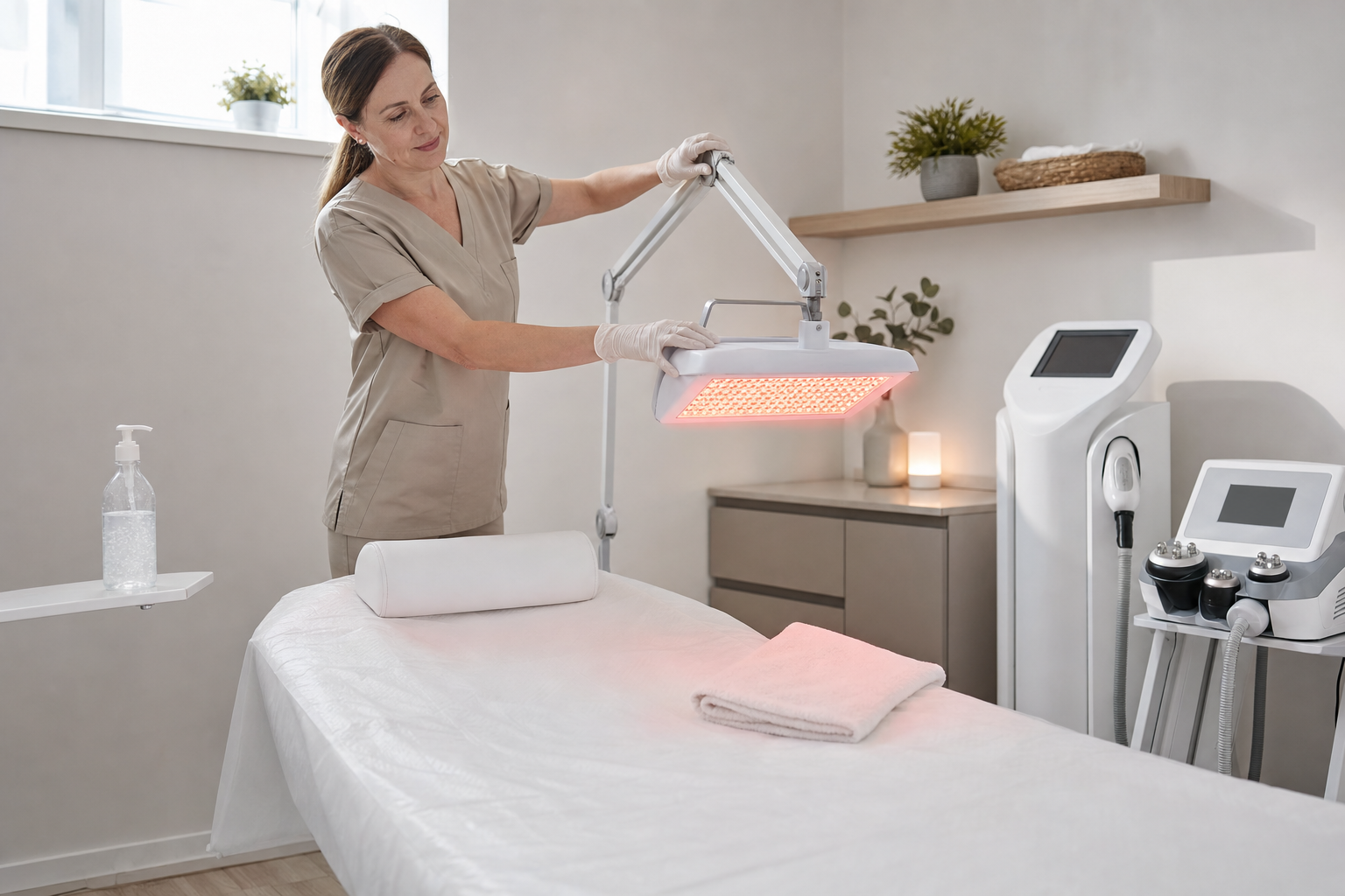 Aesthetician adjusts a red light therapy lamp over a treatment bed in a modern spa setting.