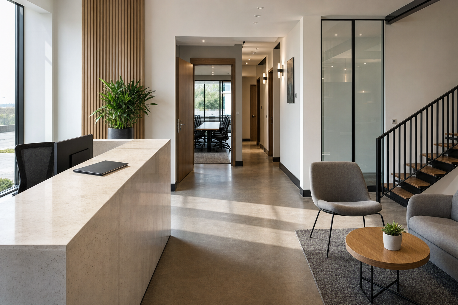 Modern office reception area with a white desk, indoor plants, seating, and a view into a glass-walled meeting room.