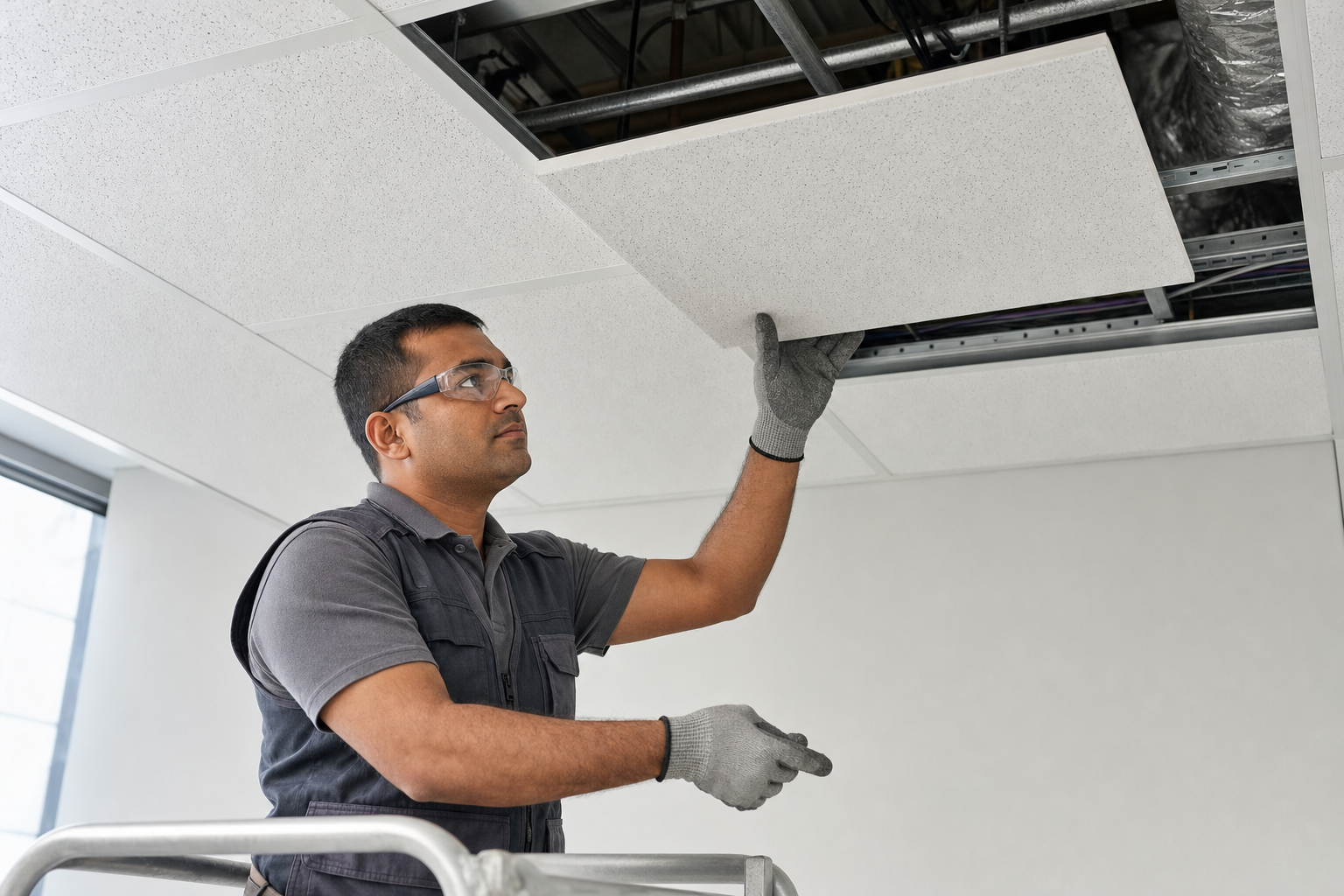 Worker in safety glasses and gloves installing a ceiling tile while standing on a ladder.