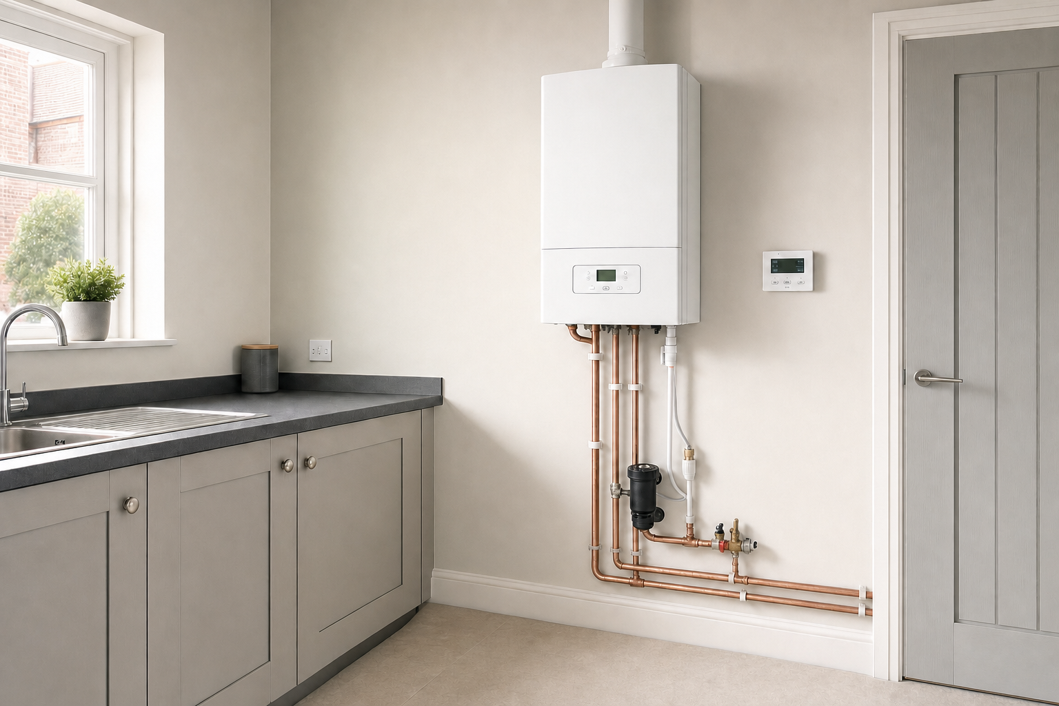 Modern kitchen with a white wall-mounted boiler, copper piping, and grey cabinets next to a window and door.