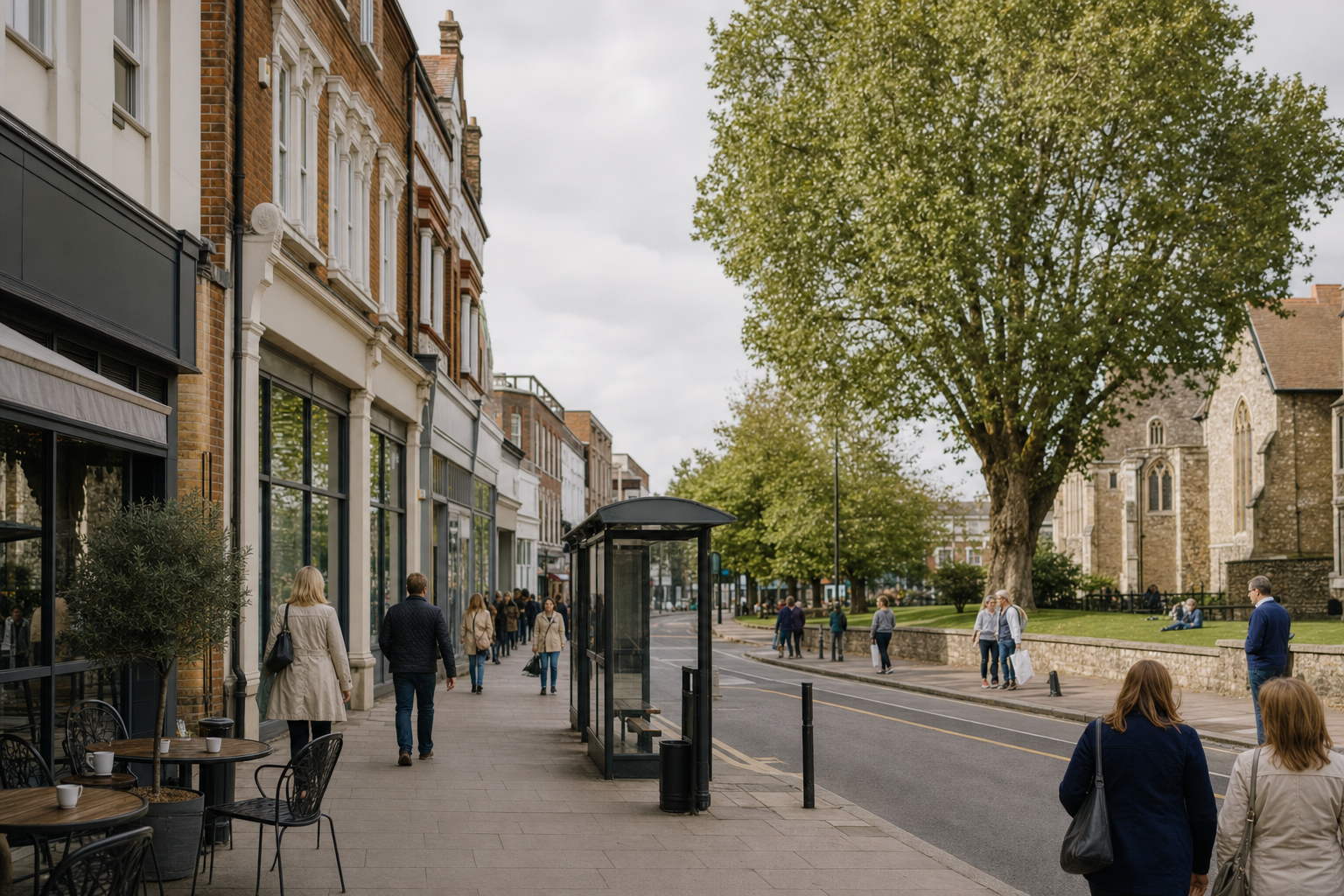 Pedestrians stroll along a commercial street with outdoor seating, a bus stop, and a large tree beside a historic building.