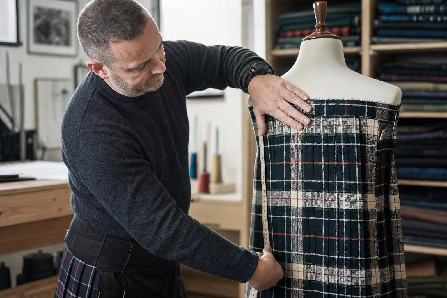 A tailor carefully measures green tartan fabric on a mannequin in a workshop.