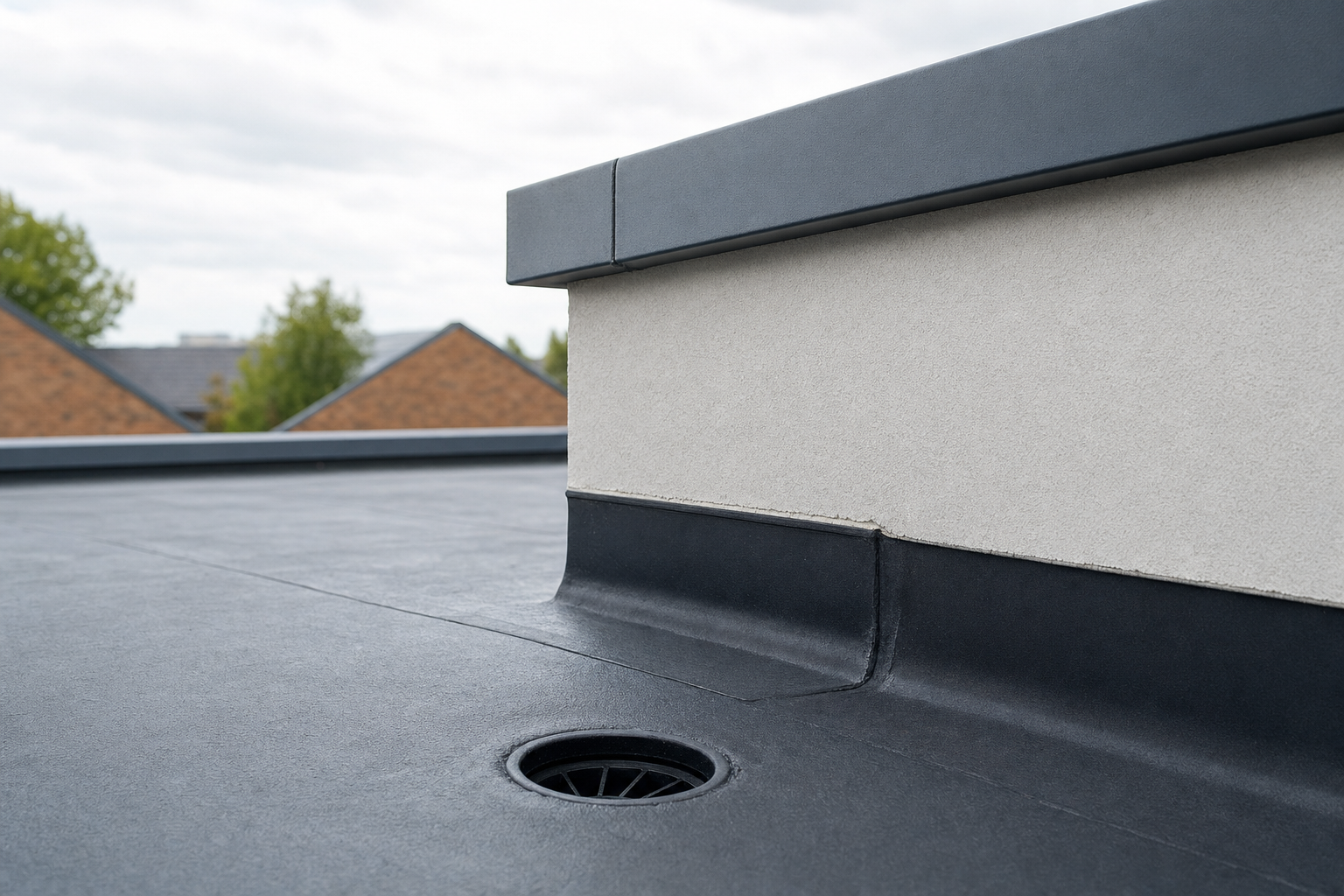 A flat roof with a drainage system and a small parapet wall, under an overcast sky.
