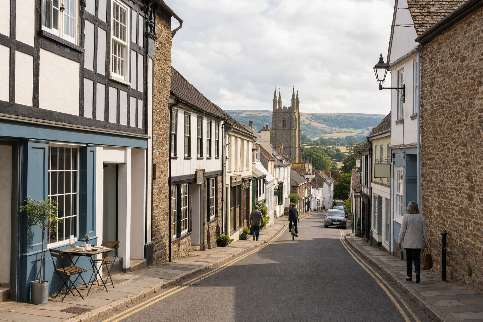 A narrow cobbled street with historic buildings leads to a distant church tower under a cloudy sky.