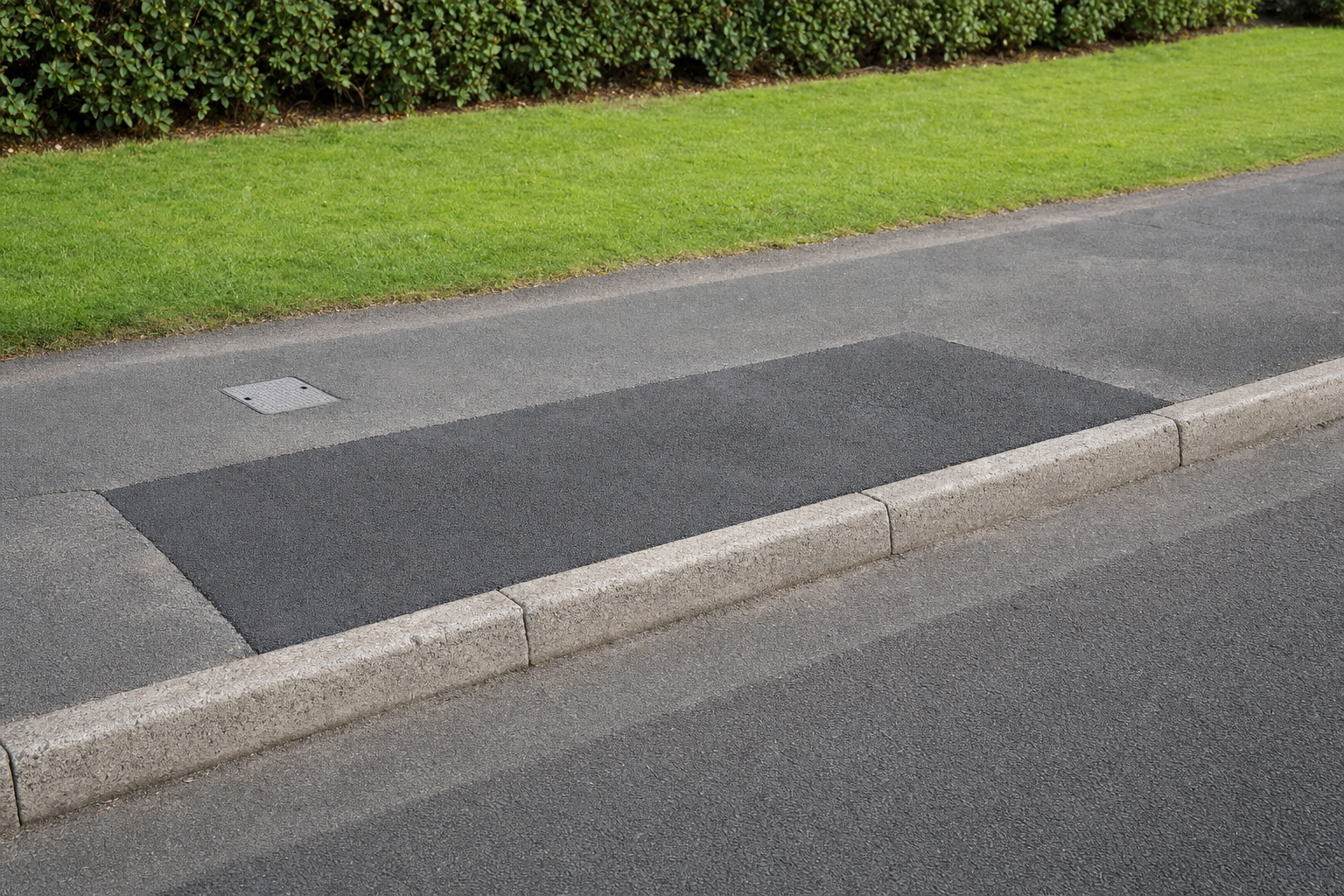 A section of pavement patch repaired on a pathway next to green grass and hedges.