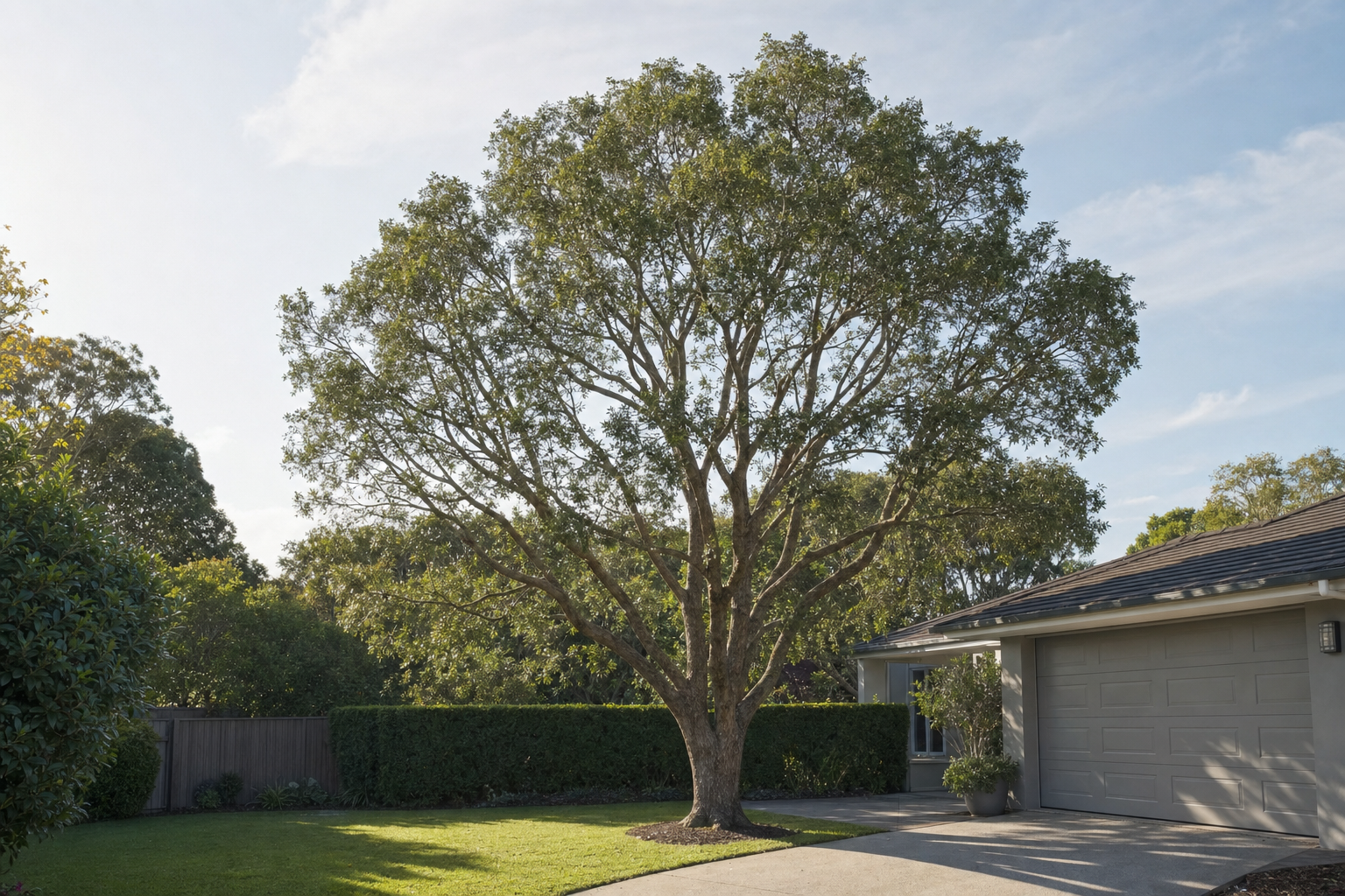 A large tree provides shade next to a modern home with a grey garage and well-kept garden.