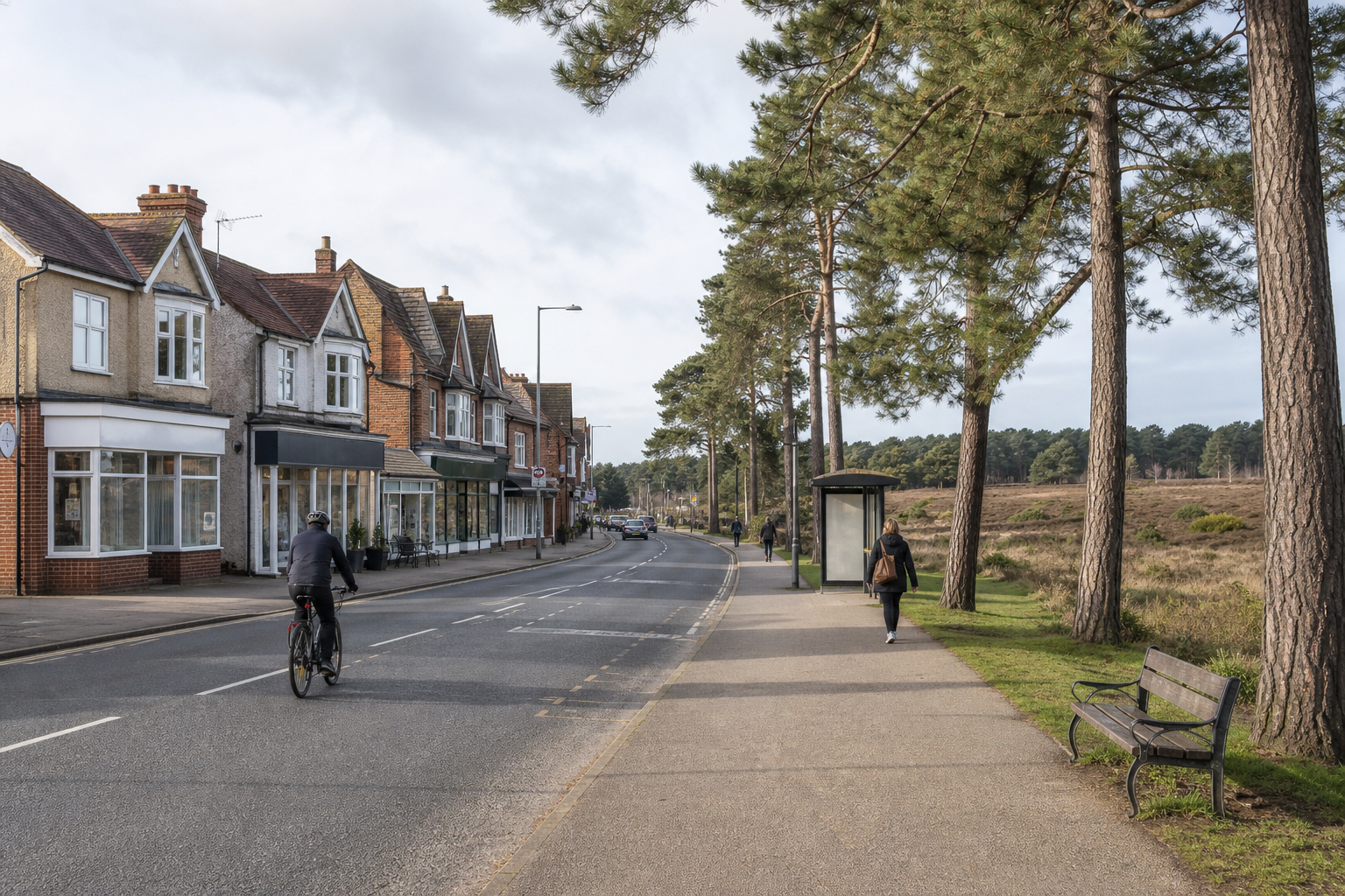 Cyclist and pedestrian on a tree-lined suburban street with shops and houses.