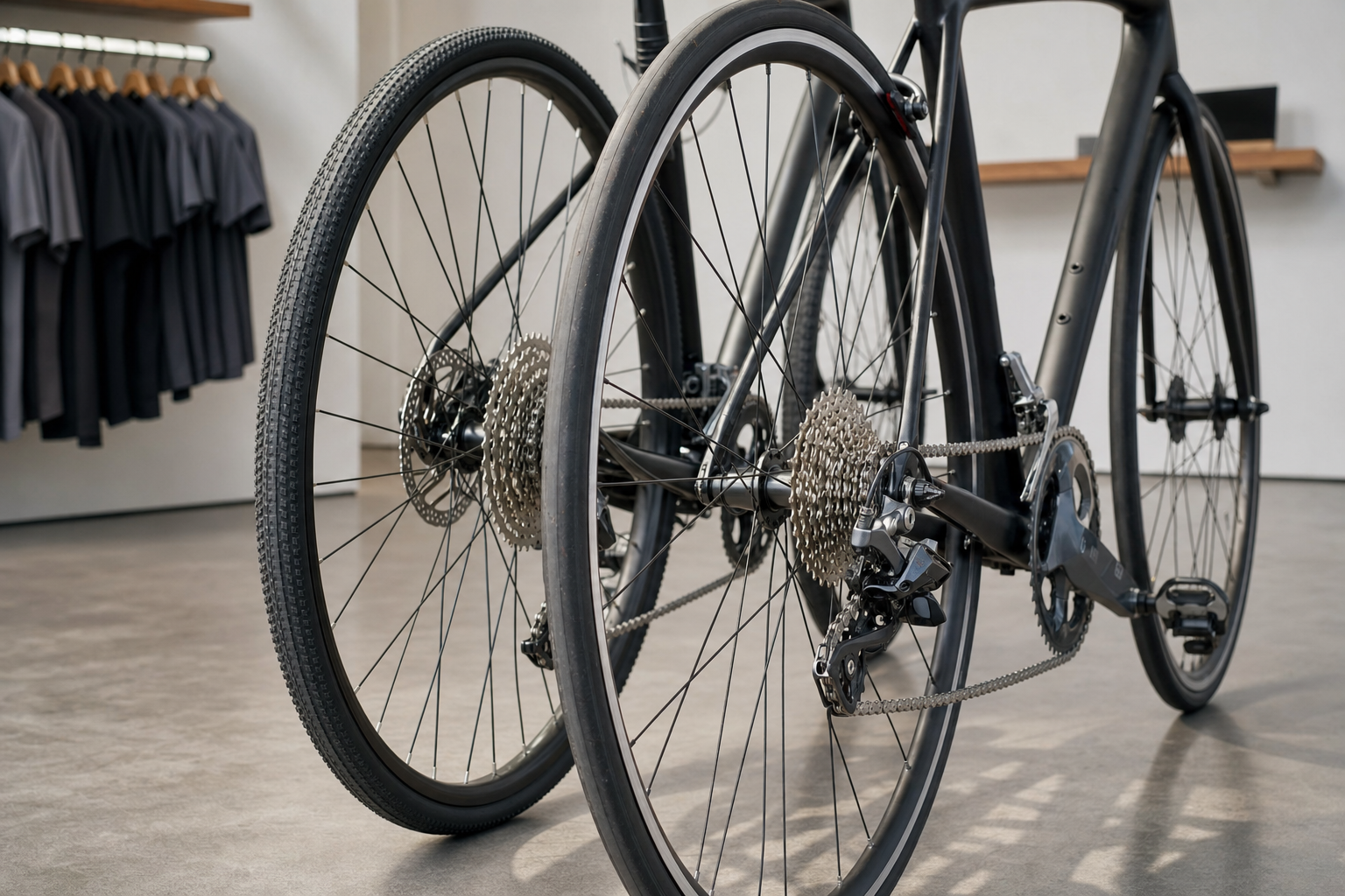 Close-up of two sleek black bicycles in a modern shop, with clothing racks in the background.