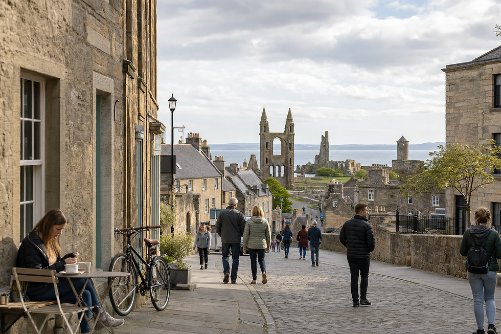 A cobblestone street leads to ancient ruins by the sea, with people walking and a woman seated outside a café.