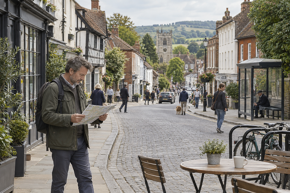 A man studies a map on a quaint cobblestone street lined with historic buildings and a backdrop of green hills.
