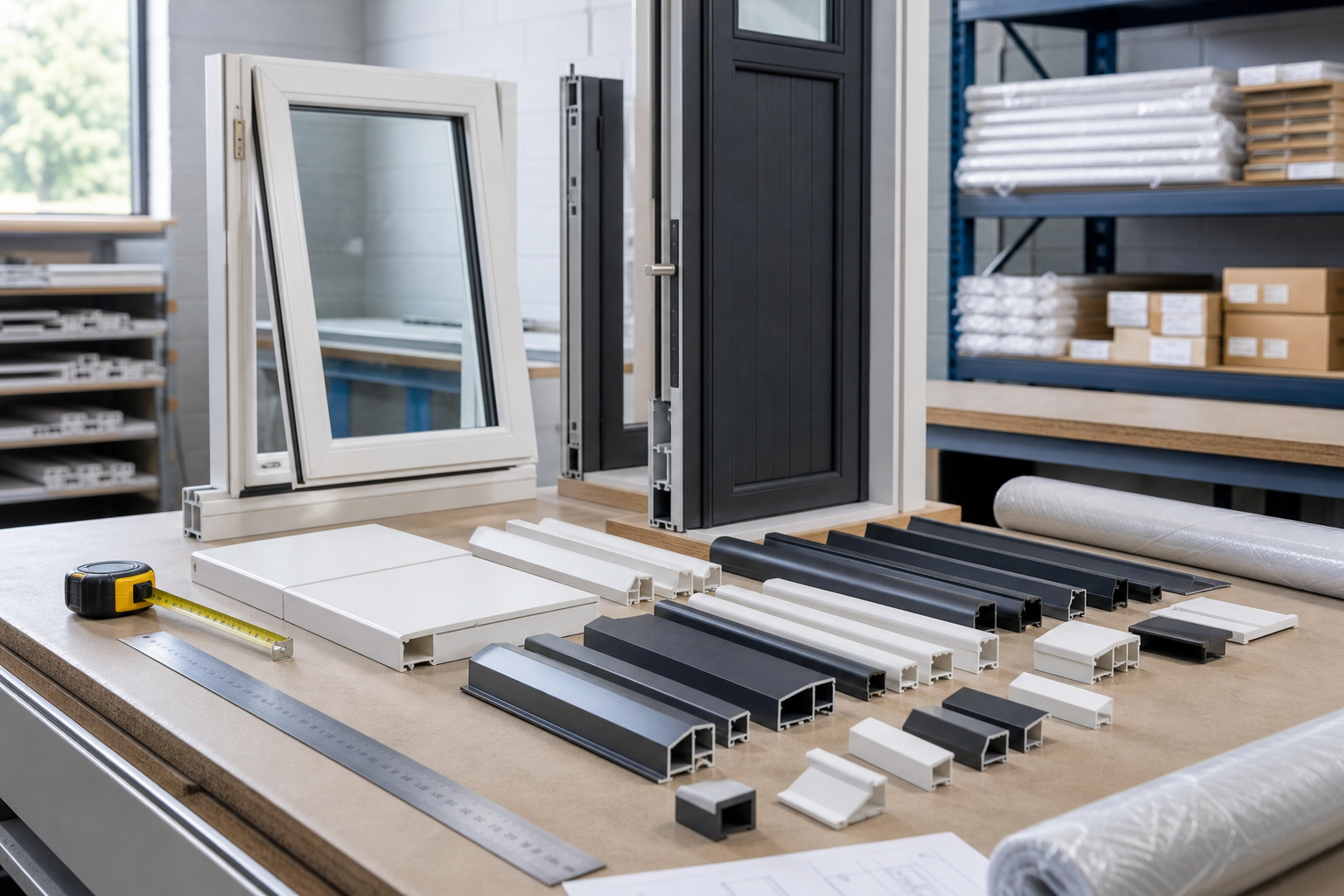 Assorted window and door frame components arranged on a workbench in a factory setting.