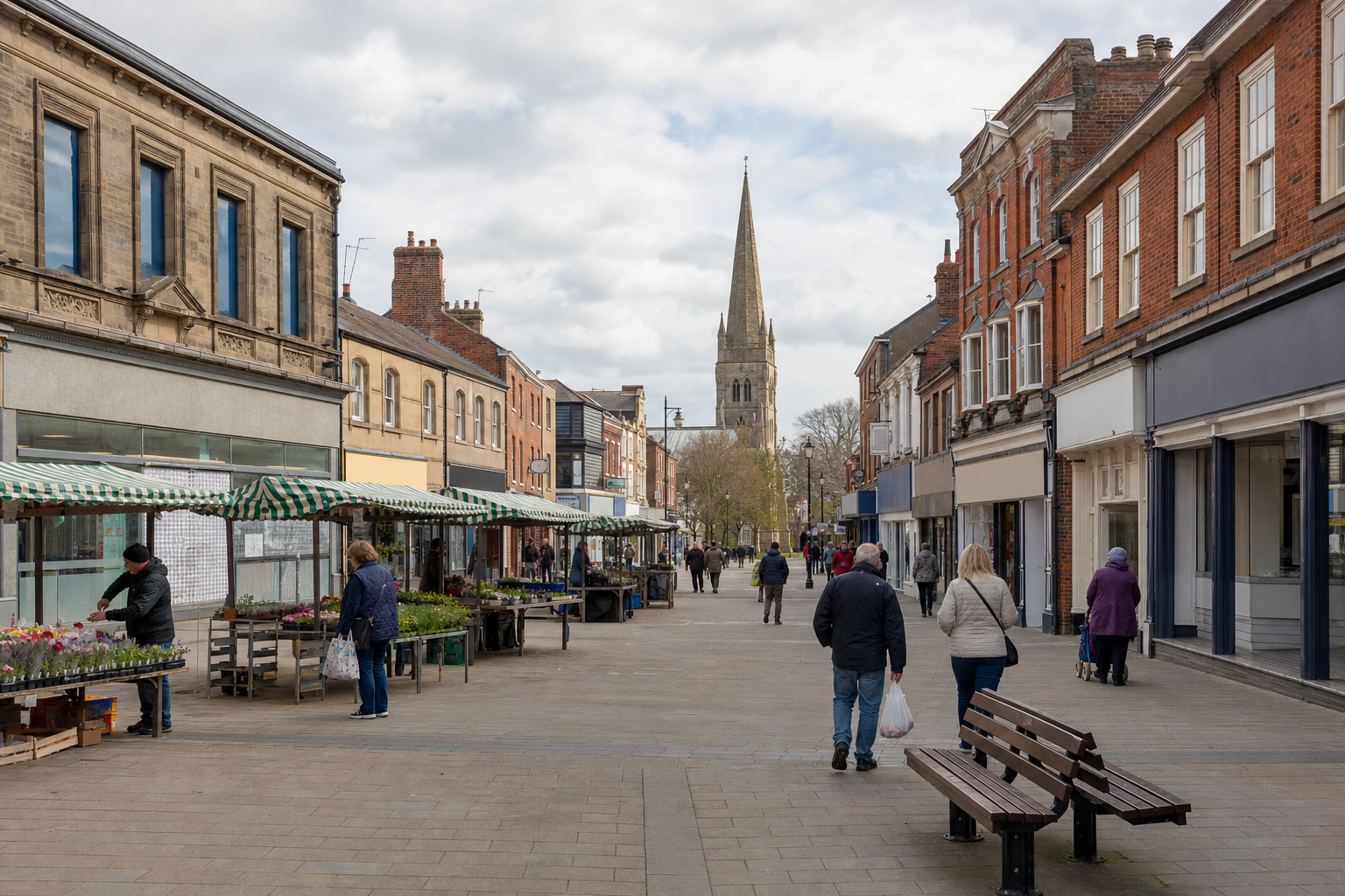 A busy high street with outdoor market stalls and a tall church spire in the background.