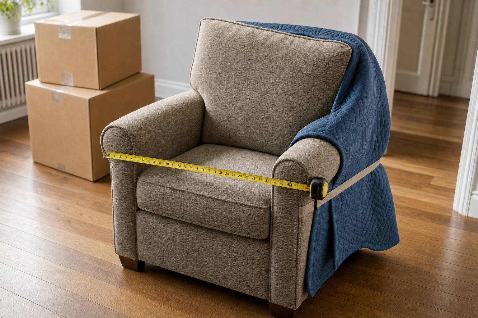 Grey armchair with a blue quilt and measuring tape across it, situated on a wooden floor next to cardboard boxes.