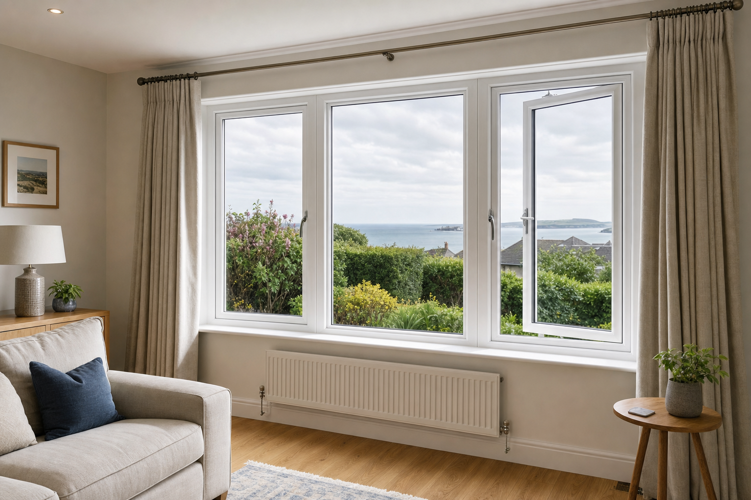 A cosy living room with large windows offers a picturesque coastal view.