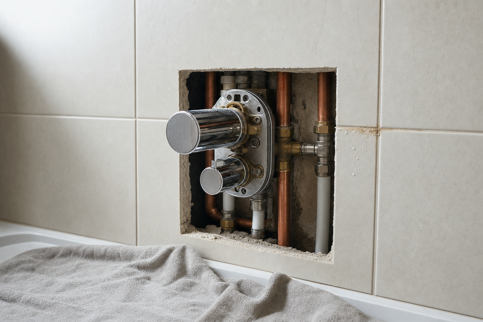 Exposed plumbing and valve system behind a tiled wall in a bathroom setting.