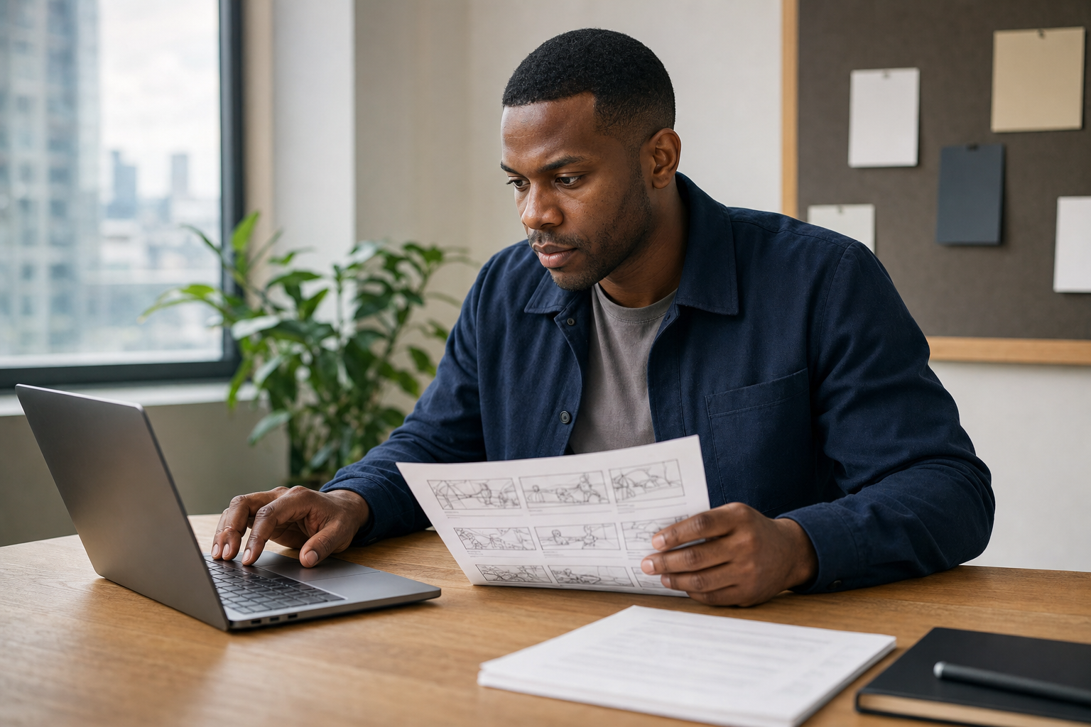 Man at a desk working on a laptop, holding printed storyboard sheets, with a cityscape visible through the window.